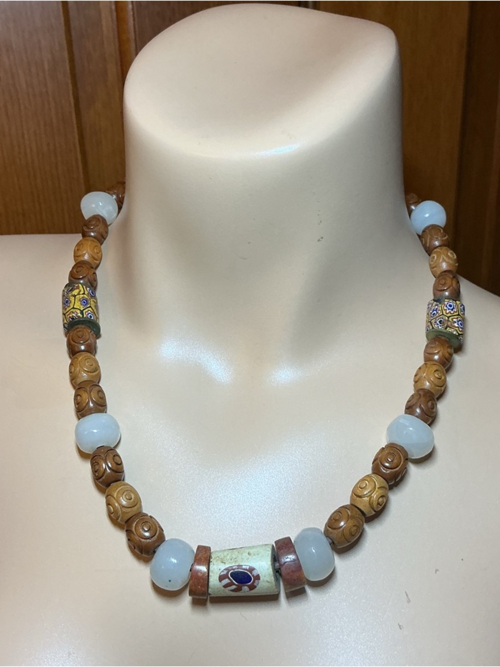 Vintage boho leather, carved wooden beads, ceramic and glass bead  necklace